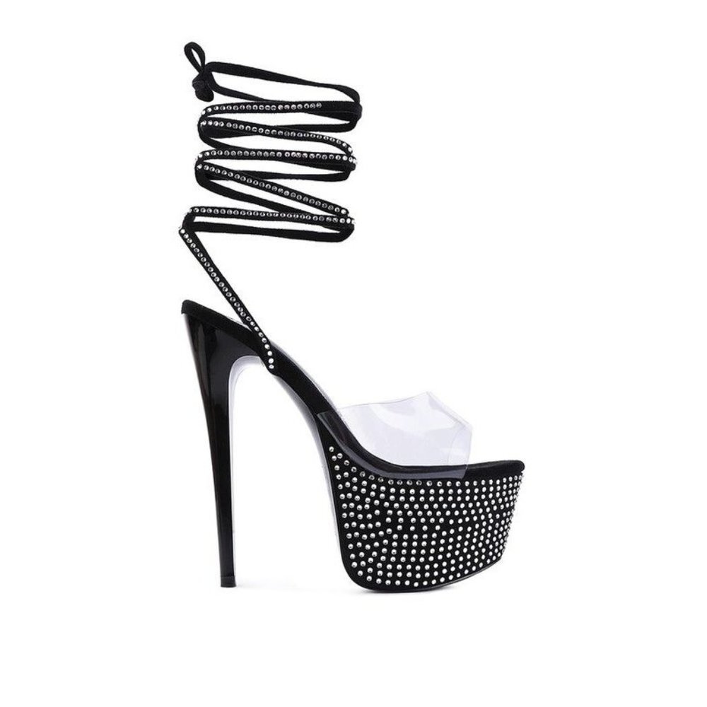SUGAR MOM STRAPPY DIAMANTE PLATFORM HIGH HEELS - Black
